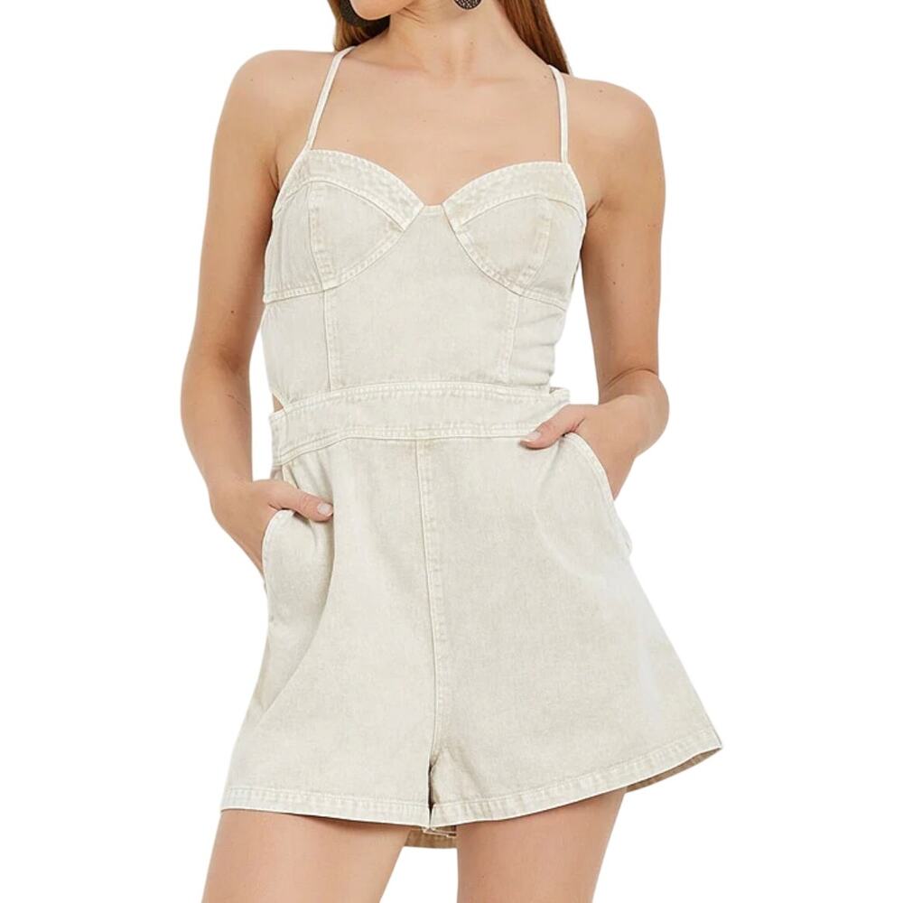 Mustard Seed NEW 100% Coton Cream Open Back Bustier Lace Up Denim Cute Romper
